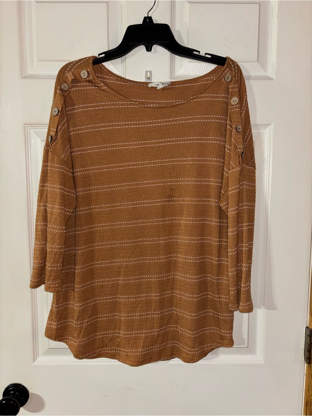 Above and Beyond Striped Button-Shoulder Women's Top in Camel